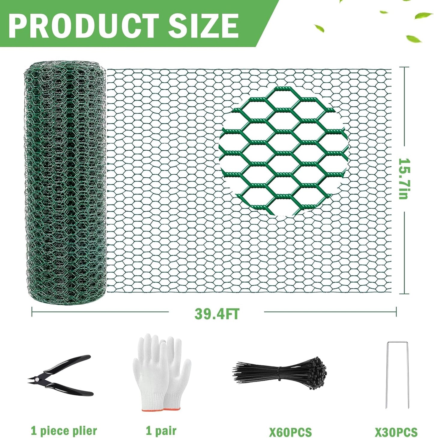 39.4Ft x 16In Plant Protectors from Animals, Plant Cages for Outdoor Plants, Free-Cut Metal Mesh Plant Covers Guards Fence Chicken Wire Cloche with Ground Stakes & Ties to Keeping Bunny Animals Out