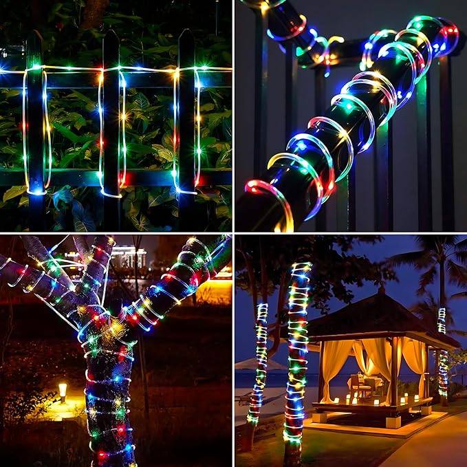Solar Rope Lights, 2 Packs 66ft 200LED Solar String Lights, 8 Modes Waterproof Solar Powered Outdoor Light, Flexible Clear Tube Light for Garden Backyard Patio Deck Pool Tree Decorations- Multicolor