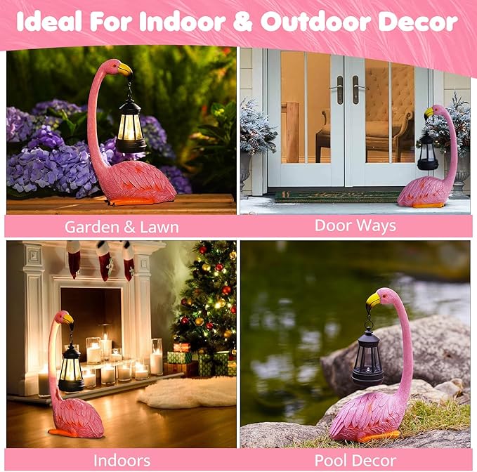 Garden Flamingo Statue with Solar Lantern - Outdoor Statue Yard Art for Patio Lawn Balcony, Unique Flamingo Gifts for Mom Women Grandma