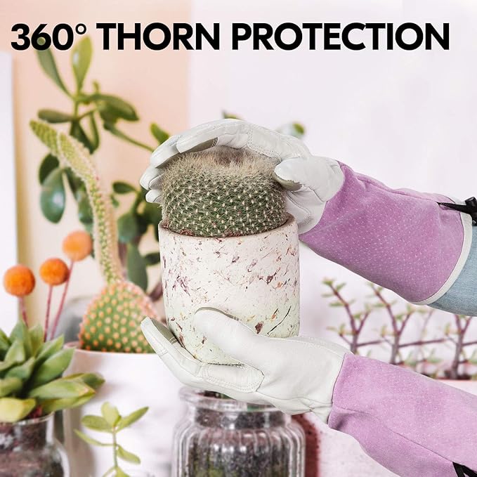 Vgo... 1-Pair Premium Genuine Goat Leather Extra-Long Cuff Thornproof Gardening Gloves (Size M, Pink White, GA1013)