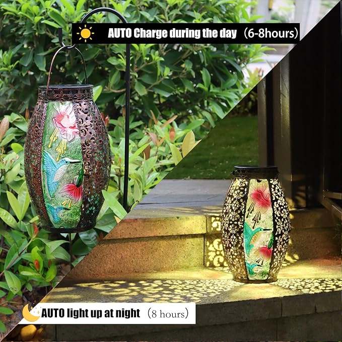Solar Lanterns Outdoor Hanging Light - Solar Powered Hummingbird Glass LED Lights Decorative Waterproof Tabletop Lamp with Hollowed-Out Design for Indoor Yard Table Patio Garden Pathway Holiday