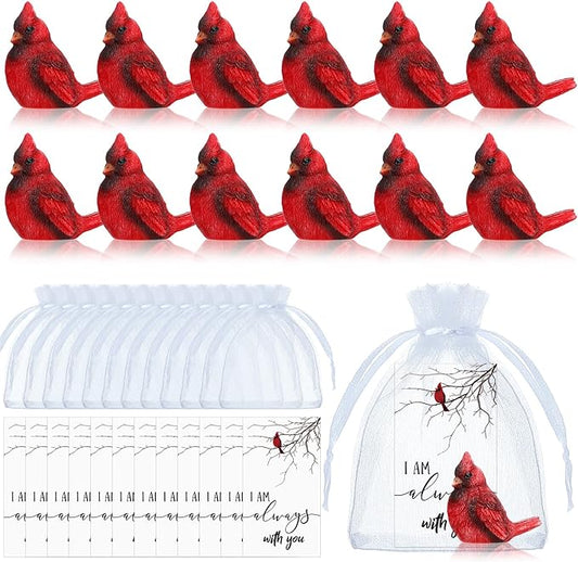Roowest 36 Pcs Memorial Cardinal Gift Set Include Mini Red Cardinal Bird Statue Figures and Red Feathered Cards and Bags for Sympathy Memorial Gift