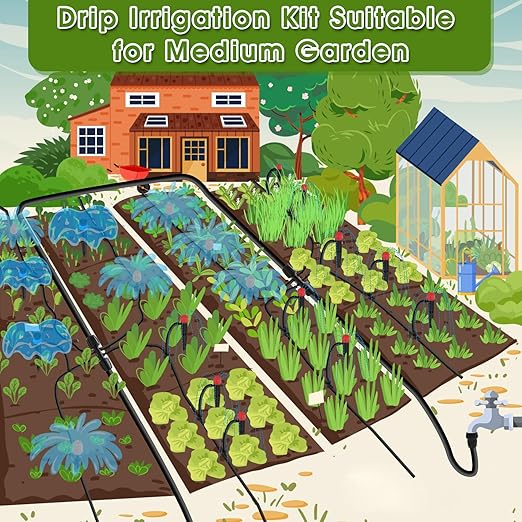 Drip Irrigation System, Flantor 141FT Garden Watering System Adjustable Greenhouse Drip Irrigation Kit with 1/2 inch & 1/4 inch Irrigation Tubing for Garden, Patio and Lawn