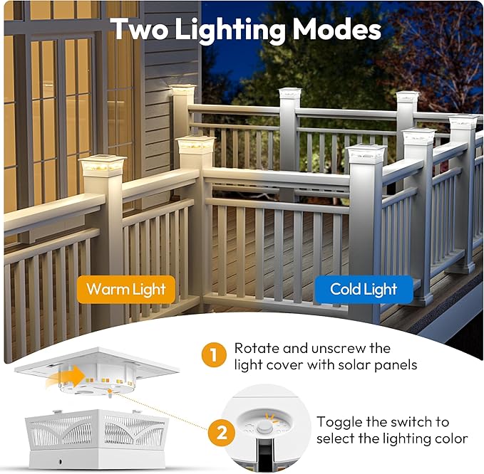 NIORSUN Solar Post Cap Lights Outdoor, 2 Modes LED, Deck Fence Post Solar Lights for 3.5x3.5 4x4 5x5 Post Caps Patio Garden Decoration, Solar Post Lights Warm White/Cool White Lighting White 12 Pack