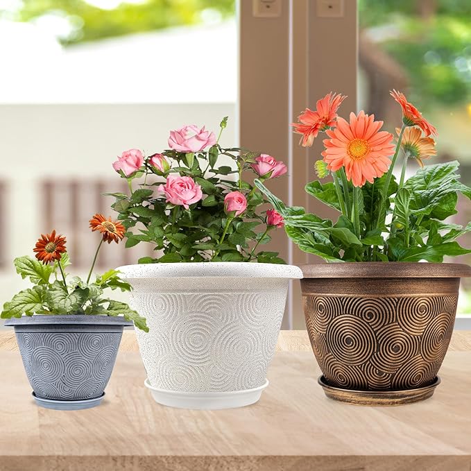 12 Inch Large Planter Pot for Plants Indoor Outdoor, 4 Pack Plastic Flower Pots with Drainage Hole & Tray, Modern Decorative Garden Pot with Saucer, Plant Container for House