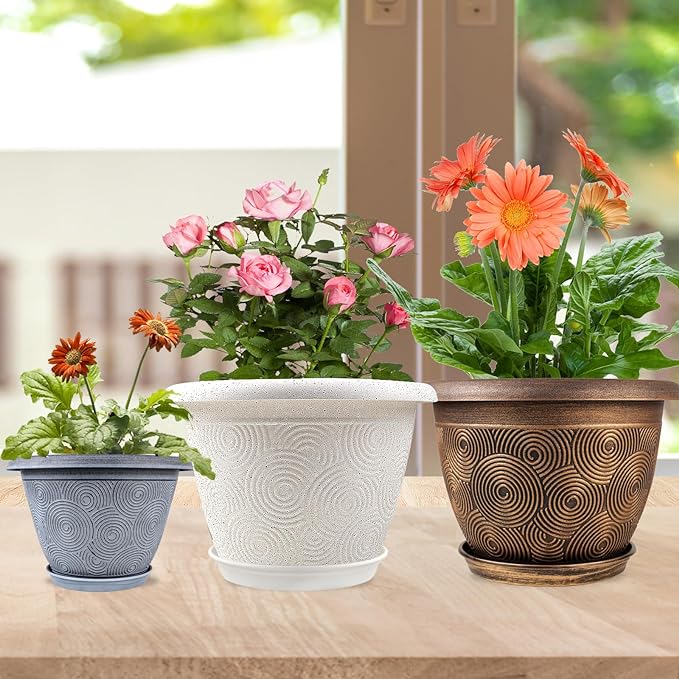12 Inch Large Planter Pot for Plants Indoor Outdoor, 4 Pack Plastic Flower Pots with Drainage Hole & Tray, Modern Decorative Garden Pot with Saucer, Plant Container for House