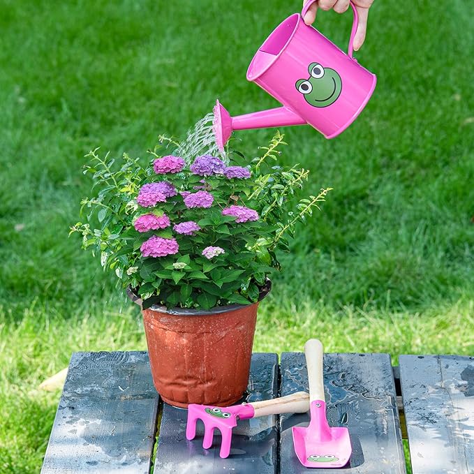 Sungmor Small Watering Can Set Cute Little Gardener Kit | Package Includes 3PC Rose Red Frog Watering Can & Trowel & Rake Gardening Hand Tools | Perfect for Garden,Yard or Beach