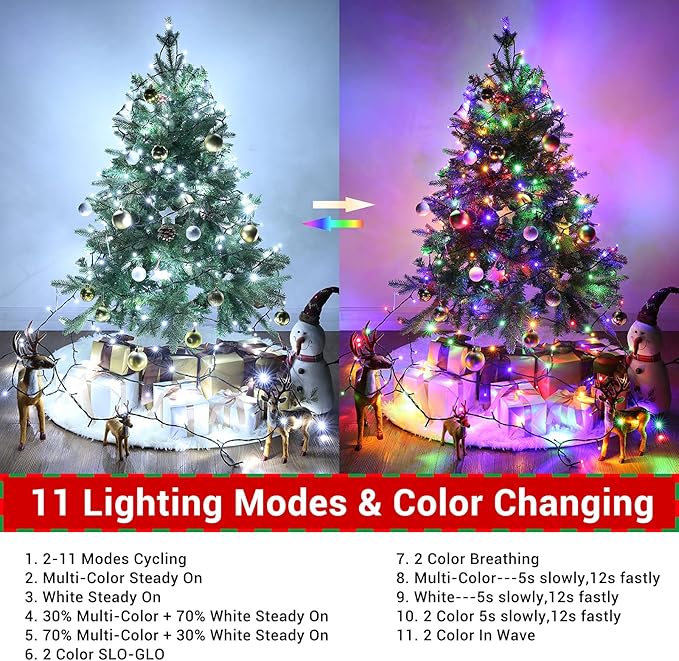 Joomer Color Change Christmas Lights 72ft x 2 Pack 200 LED 11 Modes Solar String Lights Waterproof Twinkle Fairy Lights for Garden, Patio, Fence, Balcony, Outdoors (White to Multicolor)