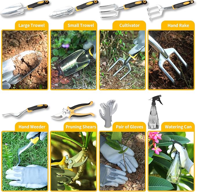 Garden Tools, 9 Piece Heavy Duty Gardening Tools Set with Non-Slip Rubber Grip, Stainless Steel Garden Tool, Gifts for Kids, Women, Husbands, and Parents