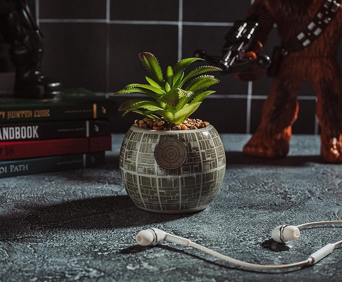 Toynk Star Wars Death Star 3-Inch Ceramic Planter with Artificial Succulent | Cute Small Flower Pot, Faux Indoor Plants