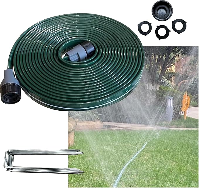 Watoo 2025 25 FT Flat Sprinkler Hose for Lawn Watering Garden Soaker Hose with Holes, Heavy Duty Lightweight No-Kink Water Hose with Stakes, Irrigation Hose, Great Fun for Kids and Dog