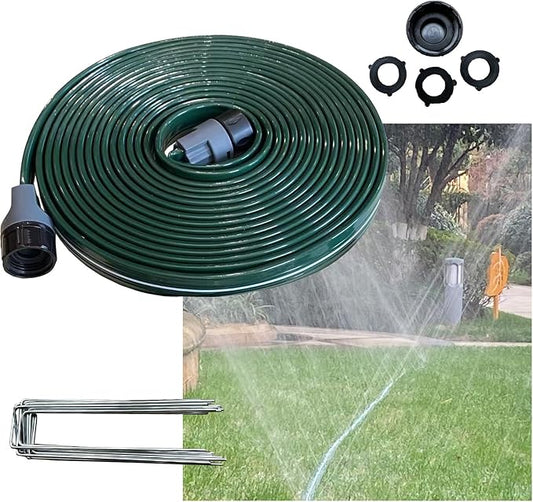 Watoo 2025 25 FT Flat Sprinkler Hose for Lawn Watering Garden Soaker Hose with Holes, Heavy Duty Lightweight No-Kink Water Hose with Stakes, Irrigation Hose, Great Fun for Kids and Dog
