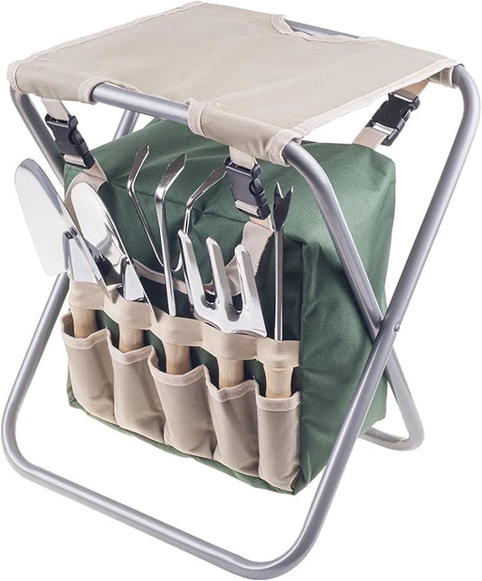 Pure Garden Folding Garden Stool with Tool Bag Plus 5 Garden Tools,Tan, Green and Silver