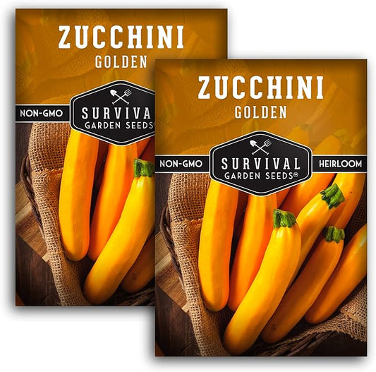 Survival Garden Seeds - Golden Zucchini Seeds for Planting - 2 Packs with Instructions to Plant and Grow Yellow Zucchini Vegetables in Your Home Vegetable Garden - Non-GMO Heirloom Variety