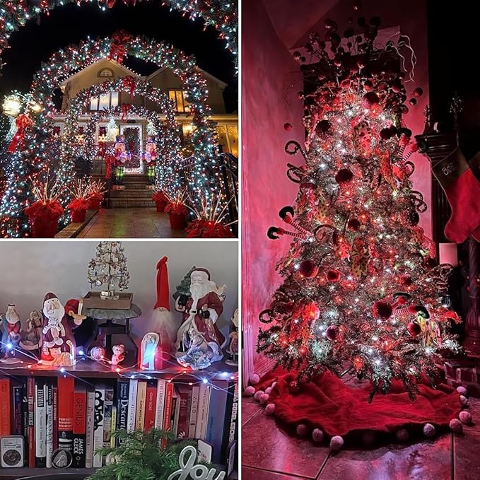 QITONG 4 Pack Red and White Solar Fairy Lights, Each 33ft 100 LED Christmas Lights, 8 Modes Silver Wire Solar String Lights