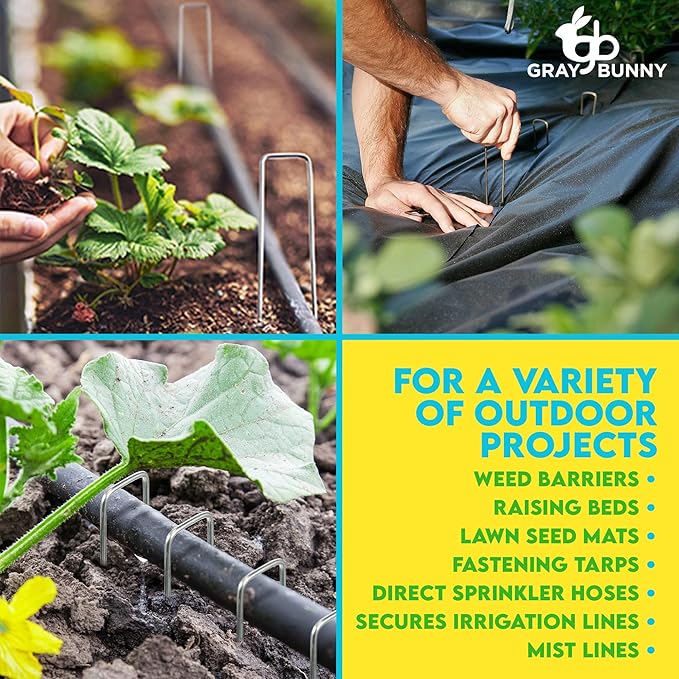 Gray Bunny 6 Inch 50 Pack U-Shaped Garden Stakes, 11 Gauge Galvanized Landscape Staples, Rustproof Garden Staples for Landscaping Securing Weed Barrier Fabric, Irrigation Tubing, Tarpaulin and More