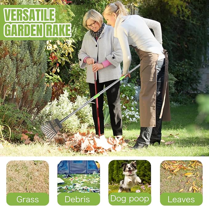 Joyhalo Small Rake for Leaves, 8.5 Inch Wide Rake Head Leaf Rake with 11 Tines, Metal Garden Rake with Adjustable Handle from 38.5 to 65 Inch for Gardening, Clippings, Gathering Leaves, Weeds, Debris