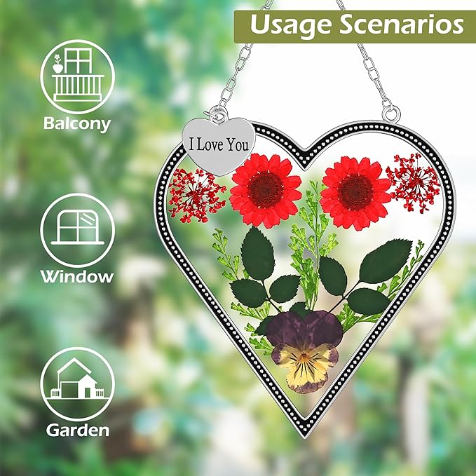 KY&BOSAM Heart Suncatcher Gift for Mom I Love You Heart Wind Chime for Windows Pressed Flower Between Heart in Glass and Metal Engraved Charm Birthday Gift for Women Mother's Day Valentine's Christmas