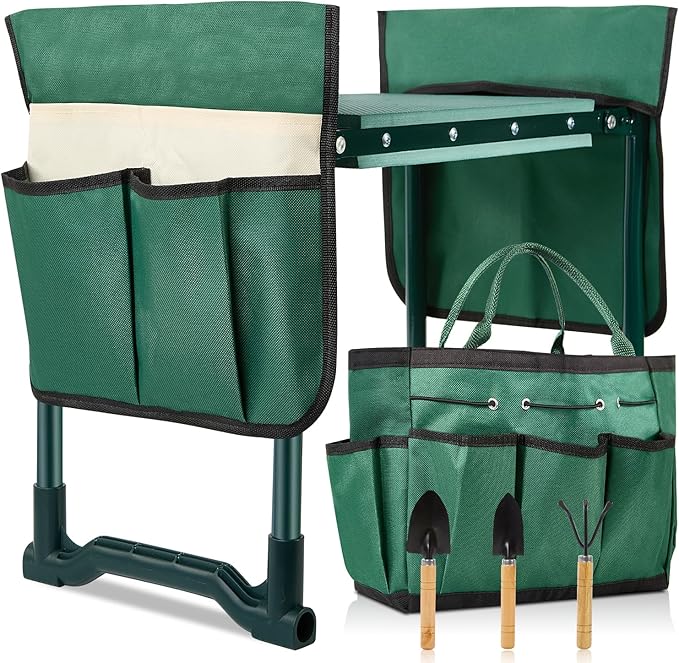 Garden Kneeler and Seat, 2-in-1 Garden Stool with 10" Wide Soft Knee Pads, Heavy-Duty Foldable Gardening Bench Chair with 2 Tool Pouches, Gardening Gifts for Women Men Seniors Mom