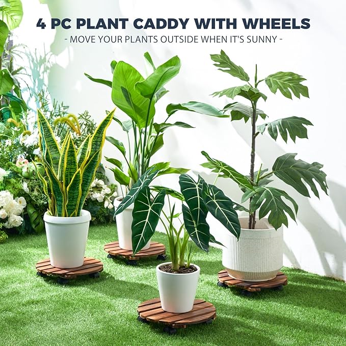 Bamworld Plant Stand with Wheels Plant Caddy Outdoor 4 Pack 12in Rolling Planter Caddy with Swiveling and Lockable Caster for Indoor Patio Plant Dolly Wood Wheeled Mobile Roller