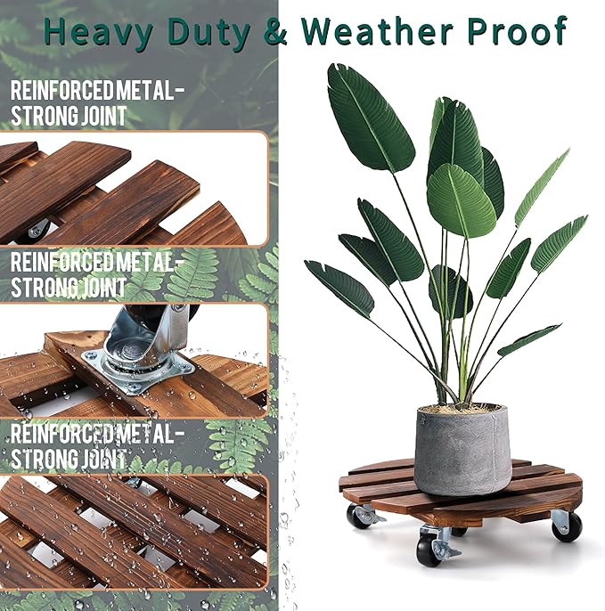 ZXZYHFTY Round Original Wooden Plant Stand with Wheels, 2 Packs Rolling Plant Stand with 360°Lockable Wheels for Vertical Garden Towers, Vertical Planting Tanks, Plant Pots, Wastebaskets (12")