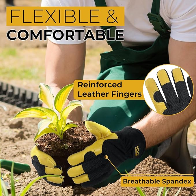 HANDLANDY Men Leather Gardening Gloves, Utility Work Gloves for Mechanics, Construction, Driver, Dexterity Breathable Design