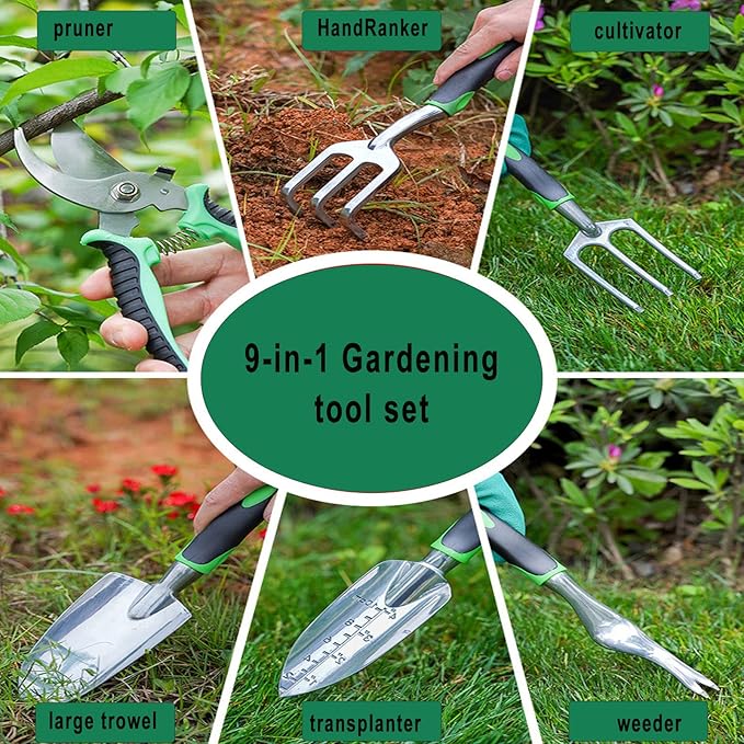 Garden Tool Set with Non Slip Rubber Grip,9 Piece Stainless Steel Gardening Tool Sets,Heavy Duty Outdoor Hand Tools Durable Storage Tote Bag,Uprooting Weeding Tool, Gifts for Women Men Children Green