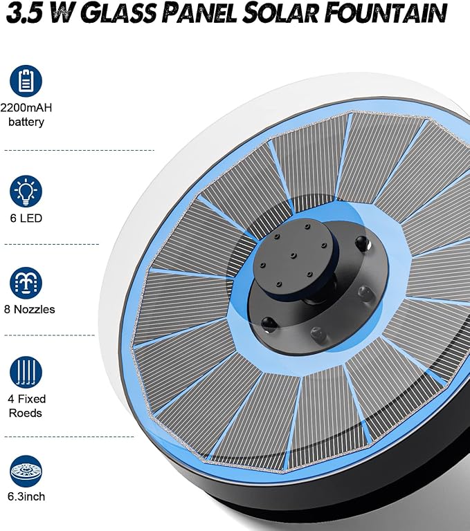 Solar Fountain Glass Panel with 2200 mah Battery, 3.5W Floating Solar Water Fountain with 4 Fixed Rods, Solar Fountain Pump for Bird Bath, Garden, Pond, Pool, Outdoor-Colorful Lights