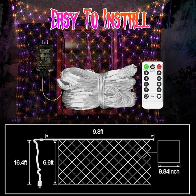 2 Pack Each 200 LED Halloween Net Lights Outdoor Waterproof 3M*2M Mesh Lights Fairy String Lights Plug in with Timer 8 Modes for Bush Window Fence Garden Yard Roof Wall Decor-Purple and Orange