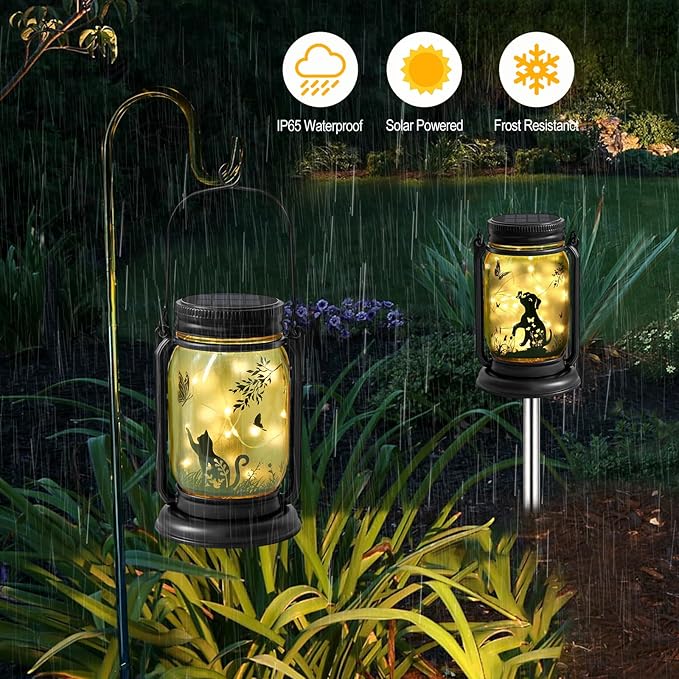 YJFWAL Solar Cat & Butterfly Lanterns Outdoor Waterproof - Cat Lover Unique Birthday Mothers Day Gifts for Women Mom Grandmom , LED Hanging Mason Jar Fairy Lights for Garden Yard Patio Decor
