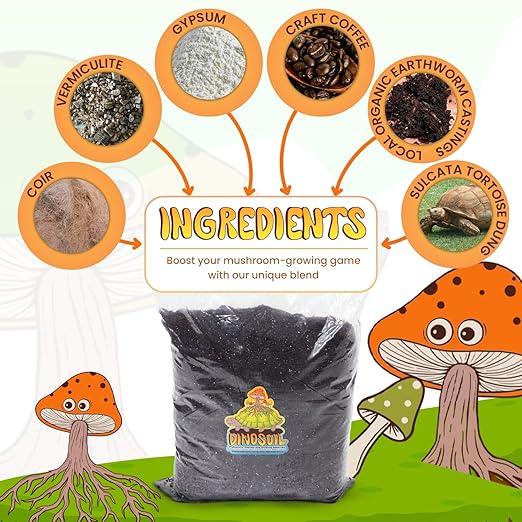 Tortoise Dung Substrate DinoSoil - Coir Blend with Coffee, Vermiculite, Gypsum, Earthworm Castings for Fast Colonization & Mushroom Growth (5lb)