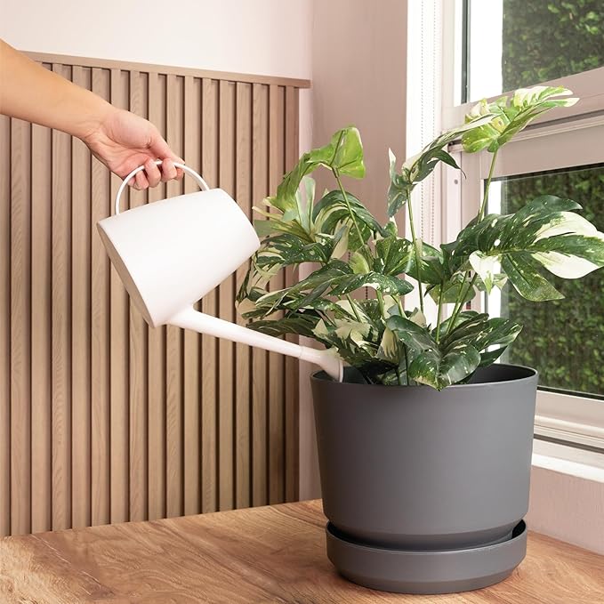 Elly Décor 14 inch Plastic Cylinder Planter Pot with Self-Watering Saucer and Drainage Hole,Lightweight & Extremely Durable, 14"x 14", Gray