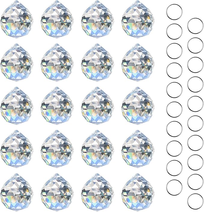 MerryNine 20mm Clear Crystal Ball Prism with 20 Pcs Metal Rings Sun Shine Catcher Rainbow Pendants Maker, Hanging Crystals Prisms for Windows, for Feng Shui, for Gift (0.8"/20mm 20Pack)