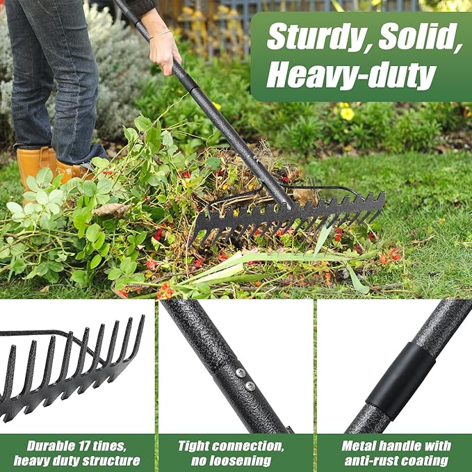 Garden Rake, 5FT Bow Rake Heavy Duty Leveling Rake with Adjustable Handle, 17 Tines Wide Head Metal Thatch Rake for Gardening Leaves Lawn Yard Mulch Rake