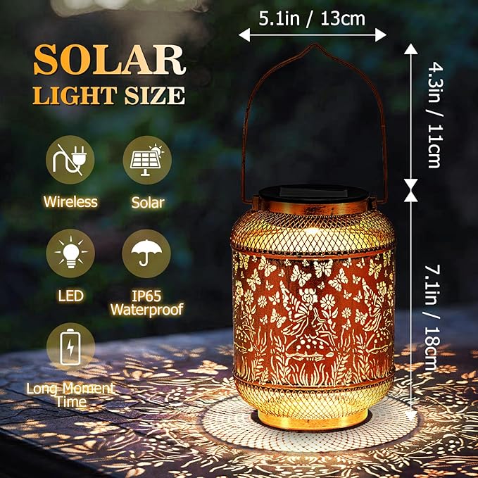 Solar Lanterns Outdoor Waterproof Hanging Solar Lights, Butterfly Gardening Gifts for Women, Mom, Metal Decorative LED Fairy Lanterns for Yard, Patio, Lawn, Garden Decor