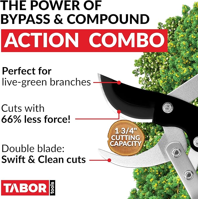 TABOR TOOLS GG11A Bypass Lopper with Compound Action, 30 Inch Tree Trimmer, Branch Cutter with ⌀ 1 3/4 Inch Cutting Capacity, Delivers Clean Cuts with Ease.