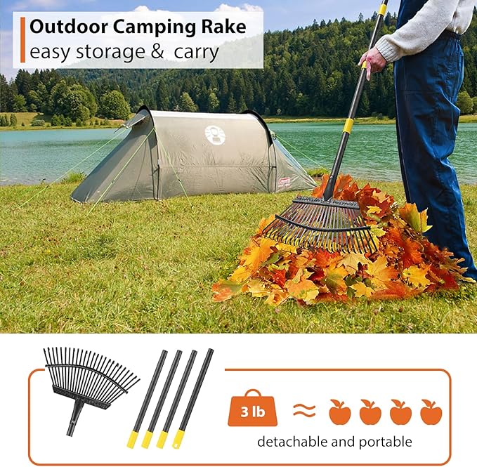 Garden Rake for Leaves, 25 Tines Leaf Rakes for Lawns Heavy Duty, 5 FT Gardening Rake with Back-Saving Long Handle, 18.5” Wide Large Rake Head for Quick Cleanup, Anti-Rust and Detachable for Camping