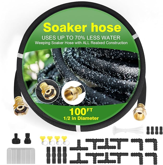 Soaker Hose with Solid Brass Connectors 100 FT for Garden Beds 1/2 Inch Longer Lasting Drip Irrigation Save 70% of Water Various Accessories Great for Lawn and Yard