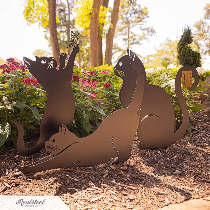 RealSteel I 3 Pack Steel Cat Garden Decor I Outdoor Yard Decorations I Gift for Cat Lovers I Lawn Ornaments and Statues I Garden Signs Decorative Outdoor - Rust
