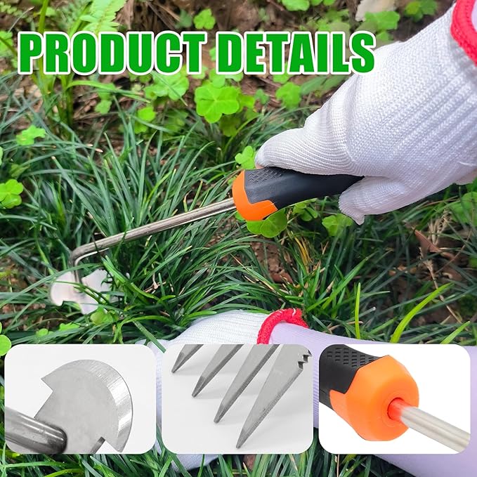 Weeding Artifact Uprooting Weeding Tool, Multifunctional Weeder, Hand Weeder Tool, 4 Teeth Stand Up Weed Puller Tool with Handle for Garden Yard Farm Weed Removal (13in, Stainless Steel Rubber)