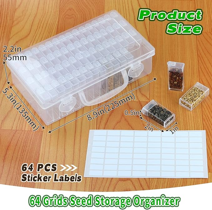 64 Slots Plastic Seed Storage Box Organizer with Label Stickers(seeds not included), Seed Container Storage use for Flower Seeds,Vegetable Seeds, Clover Seeds, Basil Seeds, Tomato Seeds