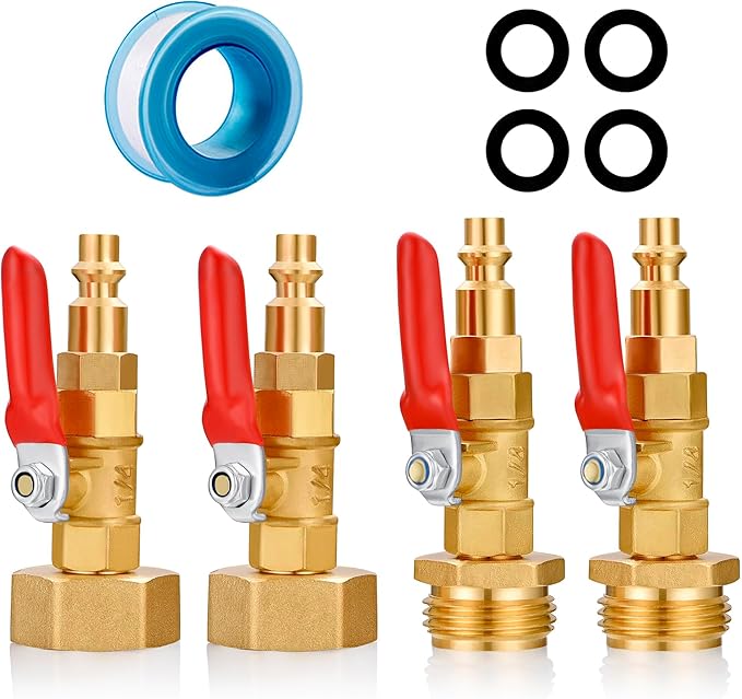 RV Winterize Blowout Adapter with 1/4" Quick Connect Plug and 3/4" Garden Water Hose Threading for Boat Camper Trailer Sprinkler Systems Irrigation Kit Fitting (With Valve 4PCS)