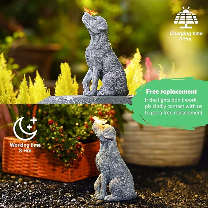 Solar Garden Statue Dog Figurine – Outdoor Decoration with Butterfly for Garden Yard Lawn Home Decor Outside : Unique Gifts for Mom Grandma