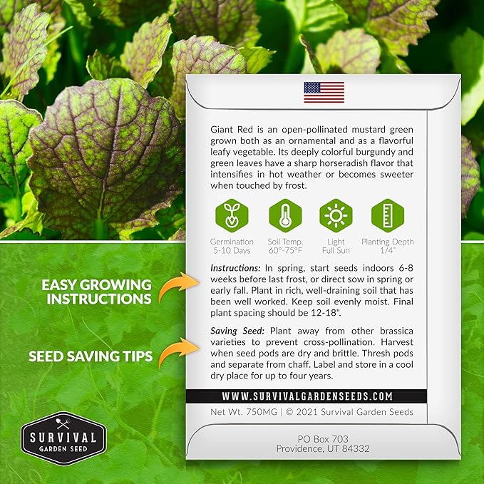 Survival Garden Seeds - Giant Red Mustard Greens Seed for Planting - 3 Packs with Instructions to Plant and Grow Spicy Brassica Juncea Leaves in Your Home Vegetable Garden - Non-GMO Heirloom Variety