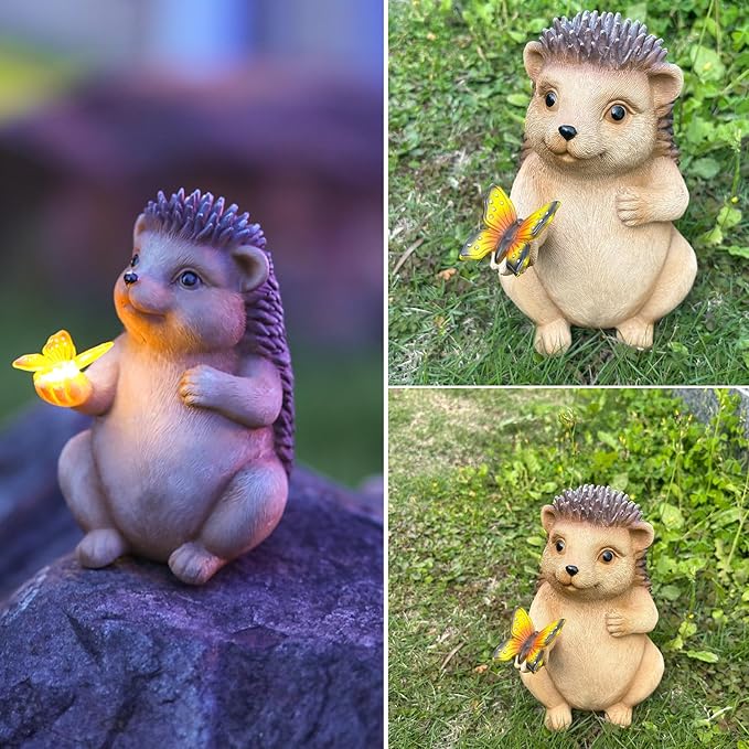 Solar Hedgehog Outdoor Statues Garden Decor with Butterfly LED Lights Hedgehog Statues for Patio Balcony Yard Lawn Ornament, Birthday Mother Day Gardening Gifts for Mom Grandma Women