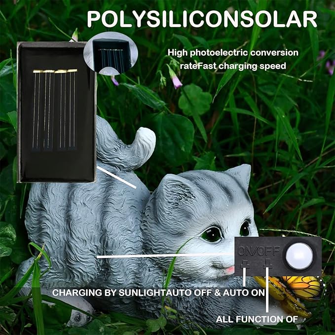 Solar Outdoor Garden Statues Decor-Cat Statue with Solar Butterfly Light for Patio Balcony Yard Lawn Ornament Thanksgiving for Mom Grandma Kids Friends, Cat B with Warm Light