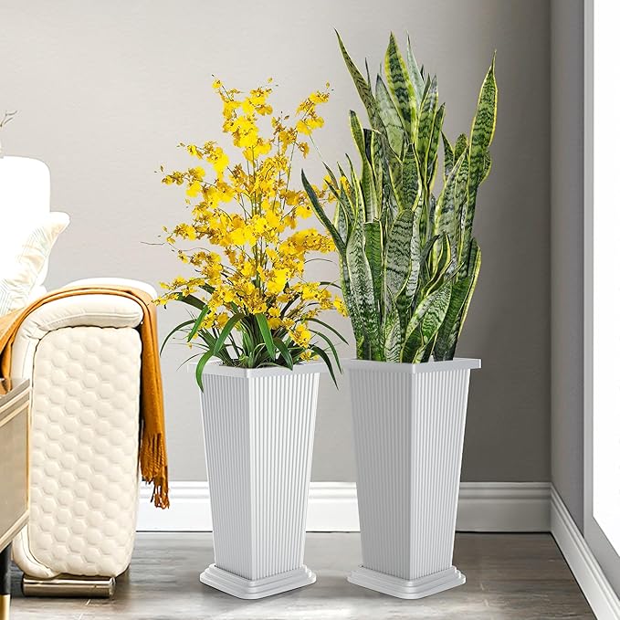 Set of 2 Large Tall Planter for Indoor or Outdoor 24" Tall Flower Pots Tapered Tall Planters with Tray for Porch, Patio, Backyard, Large Planters for Outdoor Indoor Plants(White,Striped)