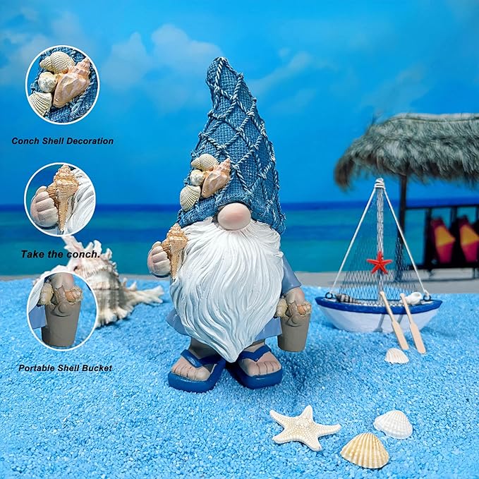 Outdoor Garden Sea Gnome Statue Decoration Indoor Outdoor Resin Beach Gnome Sculpture for Home Office Desktop Bathroom, Summer Pool Decoration Outdoor Gifts (Carrying Bucket of Shells)