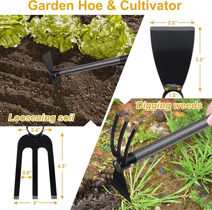 Garden Hoe and Cultivator, Heavy Duty Hand Hoe with Tiller with 31” Long Handle, Cultivator Hoe Garden Tools Durable Cultivator Hoe Rake Fork for Gardening Weeding Planting Loosening Soil