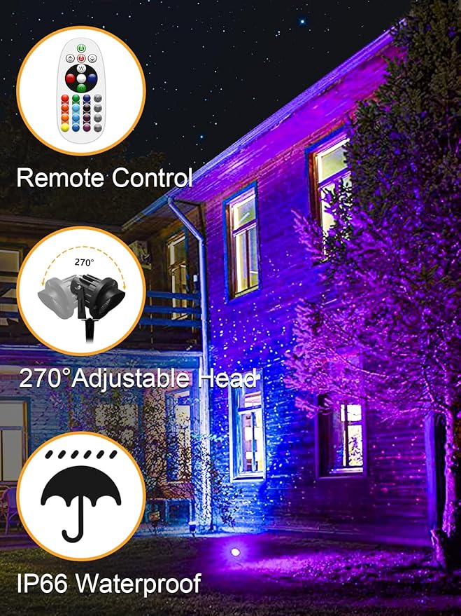 ZUCKEO 15W Christmas Spotlights Outdoor Spot Lights RGB Color Changing Landscape Lights, 120V Waterproof LED Spotlight with Remote & Plug for Yard Garden Path House Halloween Decorations (2Pack)